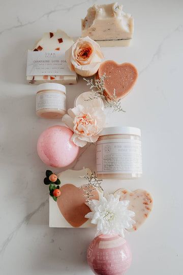 Pink Grapefruit Sugar Scrub - Handmade Canadian pink grapefruit sugar scrub with heart-shaped and floral bath items, unique spa gift set.