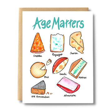Age Matters, If You're A Cheese - Handmade Canadian birthday card with colorful cheese illustrations and "Age Matters" text, unique gift design.