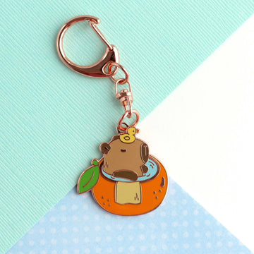 Capybara in Orange Bathtub Enamel Keychain