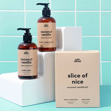 Slice Of Nice - Coconut Vanilla Kit Bundle - Handmade Canadian coconut vanilla spa kit with body wash and lotion in amber bottles, unique gift set.