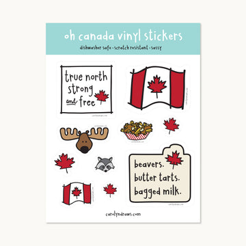 Oh Canada Vinyl Sticker Sheet - Oh Canada vinyl sticker sheet with Canadian flag, moose, raccoon, maple leaves, and handwritten text, unique handmade gift.