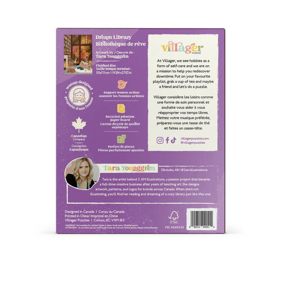 Villager Puzzles | Dream Library | 1000-Piece Puzzle for Adults - Back of purple Villager Puzzles Dream Library 1000-piece box with product details and Canadian handmade gift badge.