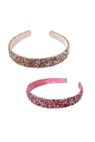 Boutique Gummy Glitter Headband - Two glittery plastic headbands, one rose gold and one bright pink, both slim and flexible with smooth inner lining.