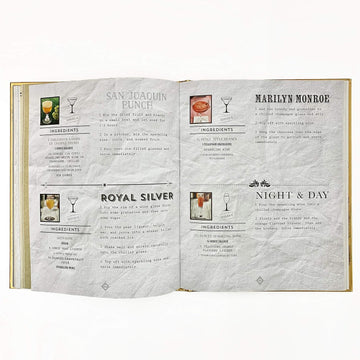 The Art of Mixology - Open cocktail recipe book with vintage-style pages featuring handmade Canadian drink recipes, perfect unique gift.