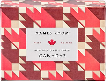 How Well Do You Know Canada - Handmade Canadian trivia game box with red, pink, and brown geometric pattern, unique gift.