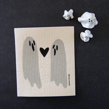 Ghosts Sponge Cloth - Handmade Canadian sponge cloth with unique ghost design and heart detail, perfect gift for Halloween or housewarming.