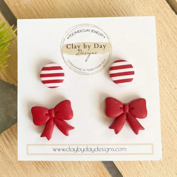 Candycane Stripe / Red Bow- Christmas/Winter Earrings