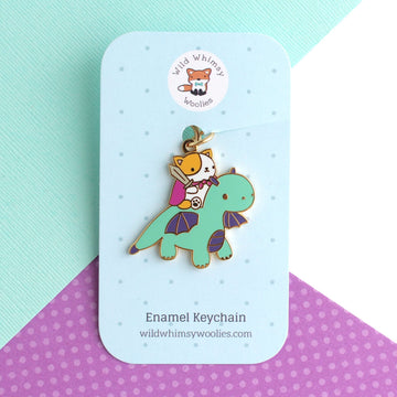 Cat and Dragon Knight Enamel Keychain (Turquoise) - 0