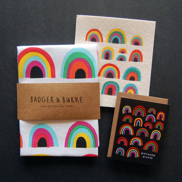 Birthday Wishes Card - Set of handmade birthday cards featuring colorful rainbow designs on white and black backgrounds, wrapped with a brown Kraft