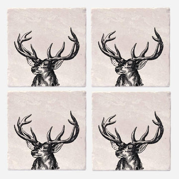 Vintage Buck Coasters - Set of four 4x4 handmade Canadian stone coasters with vintage buck antler design, unique gift.