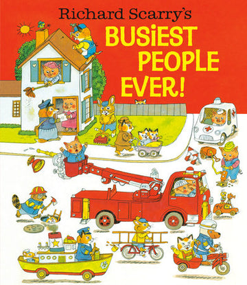 Busiest People Ever! - Colorful Richard Scarry book cover with busy animal characters, red fire truck, and boat, unique handmade Canadian gift.