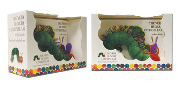 The Very Hungry Caterpillar Board Book and Toy - Handmade Canadian Very Hungry Caterpillar board book and felt caterpillar toy gift set in colorful packaging.