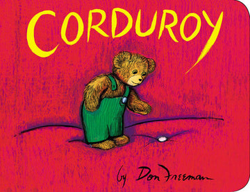 Corduroy - Corduroy board book with red cover, yellow title, and teddy bear in green overalls, unique handmade Canadian gift.