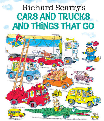Richard Scarry's Cars and Trucks and Things That Go - Colorful children's book cover featuring playful cars, trucks, and animals, a unique Canadian gift.