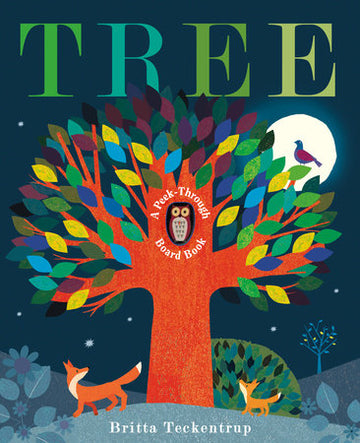 Tree: A Peek-Through Board Book - Colorful board book cover with a vibrant tree, owl peek-through cutout, and woodland animals, unique handmade Canadian gift.