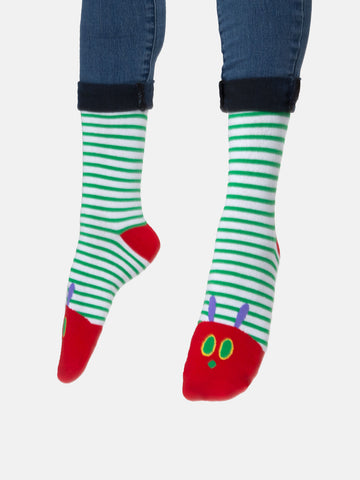World of Eric Carle: The Very Hungry Caterpillar Socks - Handmade Canadian socks featuring green and white stripes with red toe, heel, and caterpillar face design, unique gift.