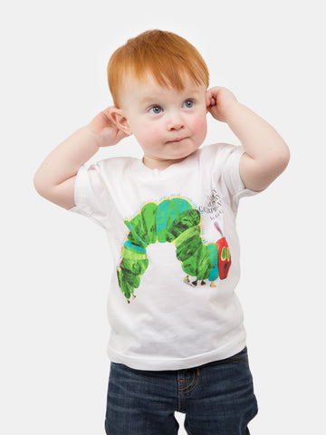 World of Eric Carle: The Very Hungry Caterpillar Kids' T-Shirt - White kids' t-shirt with colorful The Very Hungry Caterpillar print, unique Canadian handmade gift.