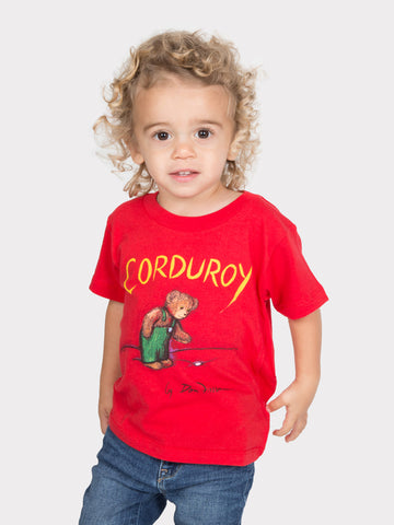 Corduroy Kids' T-Shirt - Red kids' cotton tee with colorful Corduroy bear graphic, unique handmade Canadian gift.