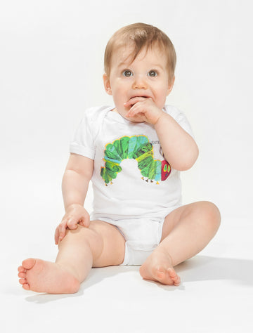 World of Eric Carle: The Very Hungry Caterpillar Baby Bodysuit - White baby bodysuit with colorful The Very Hungry Caterpillar print, unique handmade Canadian gift.