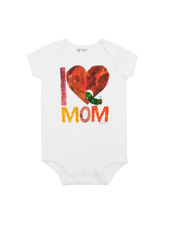 World of Eric Carle: I Love Mom Baby Bodysuit - White baby bodysuit with colorful "I Love Mom" graphic featuring Eric Carle art, unique handmade Canadian gift.