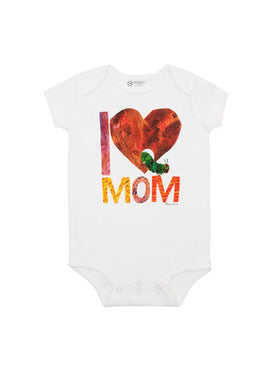 World of Eric Carle: I Love Mom Baby Bodysuit - White baby bodysuit with colorful "I Love Mom" graphic featuring Eric Carle art, unique handmade Canadian gift.