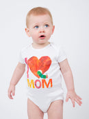 World of Eric Carle: I Love Mom Baby Bodysuit - White baby bodysuit with colorful heart and "MOM" text, unique handmade Canadian gift design.