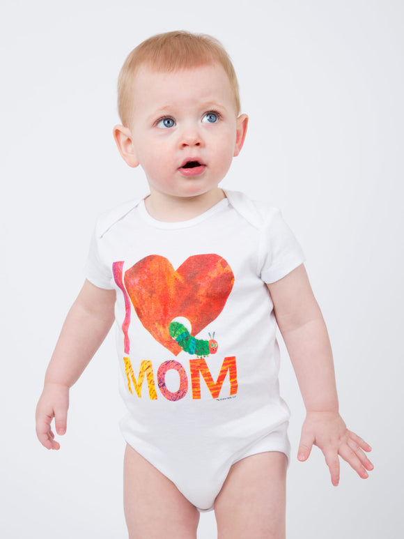 World of Eric Carle: I Love Mom Baby Bodysuit - White baby bodysuit with colorful heart and "MOM" text, unique handmade Canadian gift design.