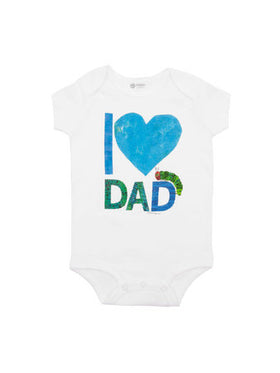 World of Eric Carle: I Love Dad Baby Bodysuit - White baby bodysuit with blue heart and green "DAD" text, unique handmade Canadian gift.