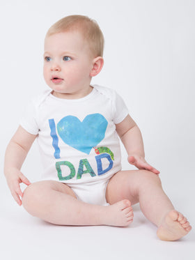 World of Eric Carle: I Love Dad Baby Bodysuit - White baby bodysuit with blue heart and green "I Love Dad" text, handmade Canadian gift.