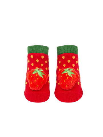 World of Eric Carle: The Very Hungry Caterpillar Baby Rattle Socks 2-Pack - 0-12 months - Red baby socks with green cuffs and 3D strawberry appliques on top, soft knit material.
