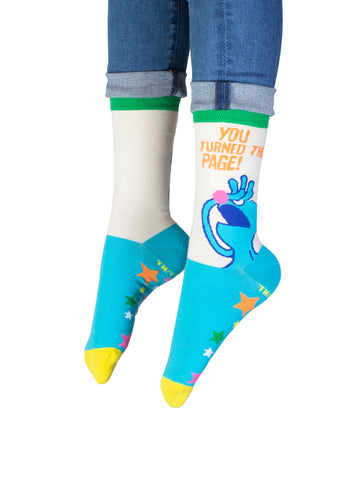 Sesame Street: The Monster at the End of This Book Socks - Blue, green, and yellow handmade socks featuring a unique Sesame Street monster design, Canadian gift idea.