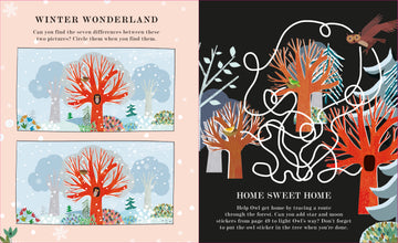 Tree: A Peek-Through Activity Book - Two-page spread of a children's activity book featuring an orange tree with peek-through cutouts, snowflakes, and a maze.