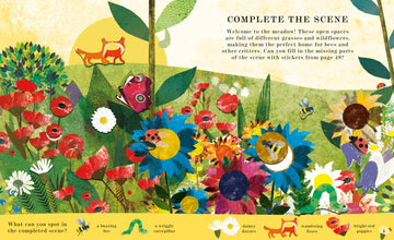 Bee: A Peek-Through Activity Book - Colorful children's activity book page with bees, flowers, and playful animals in a vibrant garden scene.
