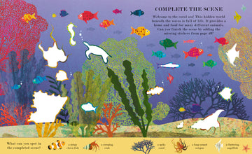 Ocean: A Peek-Through Activity Book - Colorful underwater scene activity book page with fish, seaweed, and peek-through cutouts for kids aged 4-7.