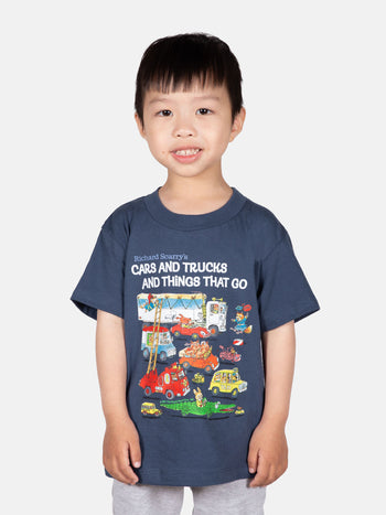 Richard Scarry: Cars and Trucks and Things That Go Kids' T-Shirt - Navy blue Richard Scarry kids' t-shirt with colorful cars and trucks graphic, handmade Canadian gift.