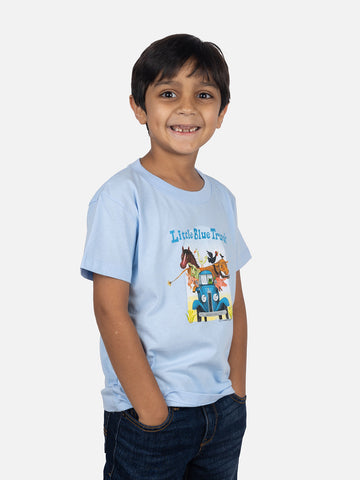 Little Blue Truck Kids' T-Shirt - Light blue handmade Canadian kids' T-shirt with colorful Little Blue Truck graphic, perfect unique gift for ages 4-7.