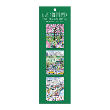 Michael Storrings Walk in the Park Magnetic Bookmarks - Handmade Canadian magnetic bookmarks set featuring colorful Michael Storrings park scenes, unique gift.