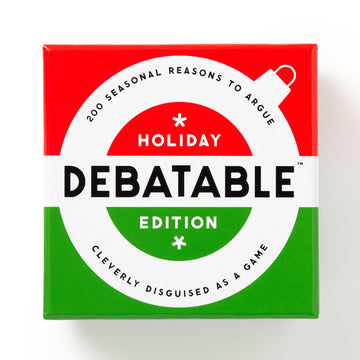 Debatable Holiday Edition - Holiday Debatable Edition game box in red, white, and green, unique handmade Canadian gift.