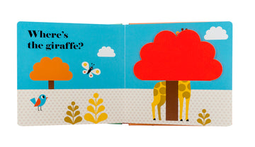 Where's the Giraffe? - Colorful children's board book spread titled "Where's the giraffe?" featuring a giraffe behind a bright red tree, handmade.