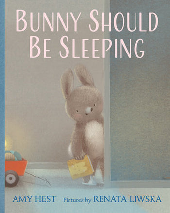 Bunny Should be Sleeping (Book) - Soft pastel cover of Bunny Should Be Sleeping children’s book with a sleepy bunny holding a yellow book, unique handmade.