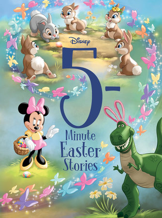 5-Minute Easter Stories - Colorful book cover featuring Disney characters Minnie Mouse and Rex with playful Easter bunnies and butterflies, unique.