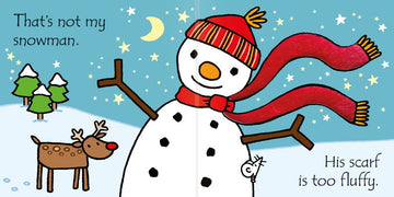 That's not my snowman… - Children’s Christmas board book with snowman illustration wearing red hat and scarf, unique handmade Canadian gift.
