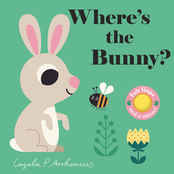 Where's the Bunny? - Soft pastel board book cover with a cute bunny, bee, and flowers, unique handmade Canadian gift.