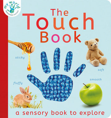 The Touch Book - The Touch Book with textured sticky honey, fluffy bunny, soft teddy, and smooth green apple for unique handmade Canadian gift.