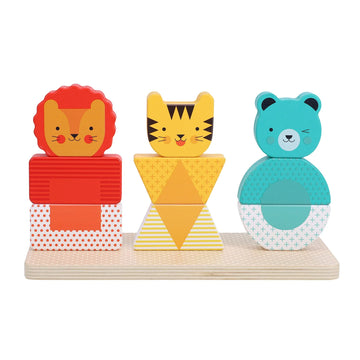 Lion, Tiger, and Bear Wooden Stacking Puzzle - Handmade Canadian wooden stacking puzzle with lion, tiger, and bear, unique gift for toddlers.