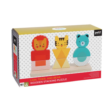 Lion, Tiger, and Bear Wooden Stacking Puzzle - Handmade Canadian wooden stacking puzzle with colorful lion, tiger, and bear figures, unique gift for toddlers.
