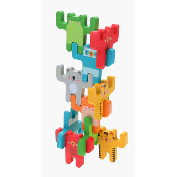 Animal Acrobats Balance Game | Petit Collage - Colorful handmade wooden animal stackers in green, red, gray, blue, orange, and yellow for a unique Canadian kids gift game.