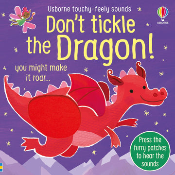 Don't Tickle the Dragon! - Colorful baby board book cover with a red dragon on purple background, unique handmade Canadian gift.