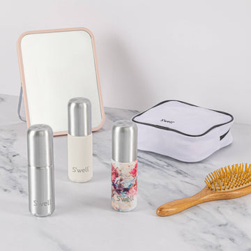 Moonstone Travel Bottle Set - Moonstone Travel Bottle Set with three silver-capped bottles, white travel pouch, compact mirror, wooden hairbrush, unique.