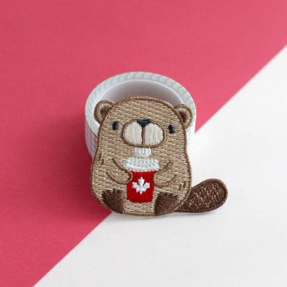 Beaver with Red Coffee Cup Embroidered Patch
